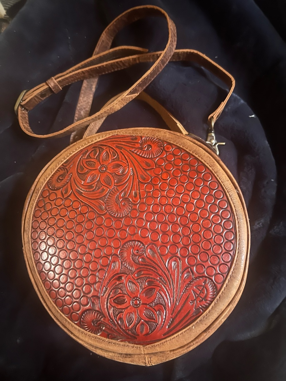 America Darling distressed leather round bag.  EUC